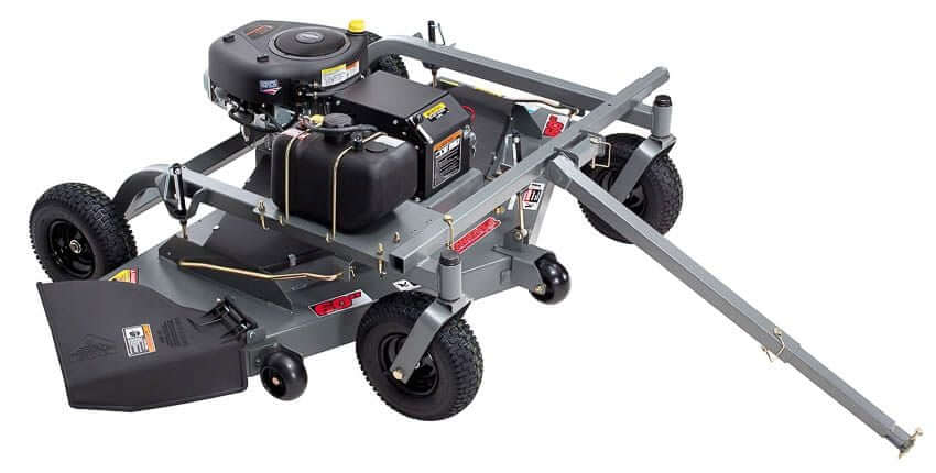 Swisher 60" Trail Mower, gray with 12V engine, wheels, and cutting blade attachment.