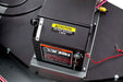Swisher 60" Trail Mower with caution signs, 12V battery compartment, and detailed controls view.