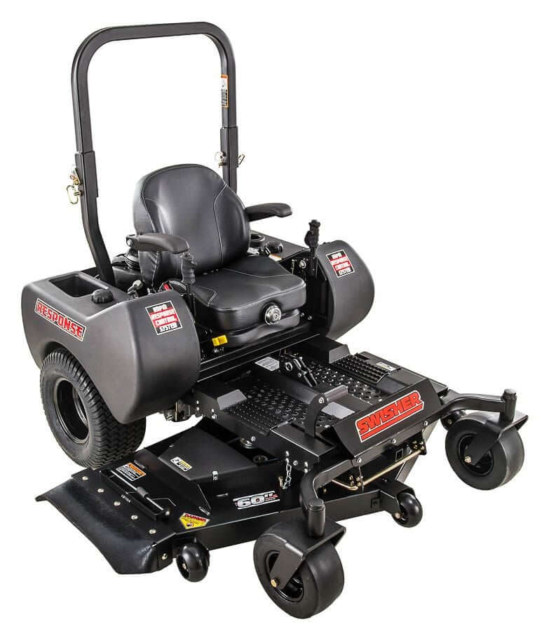 Swisher 60" Zero Turn Mower, 24 HP Briggs & Stratton, black, angled view with comfortable seat and handle.