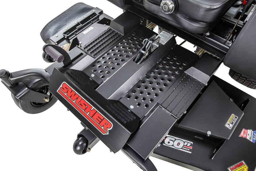 Swisher 60" Zero Turn Mower, black with textured footboard and rear wheels, angled view.