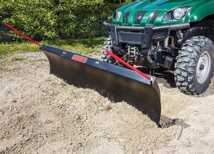 Swisher 62" UTV Commercial Pro Plow Combo angled view, featuring a black blade and red handles.