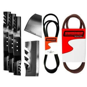 Swisher 66 Commercial Mower parts, including blades and belts, in black packaging.