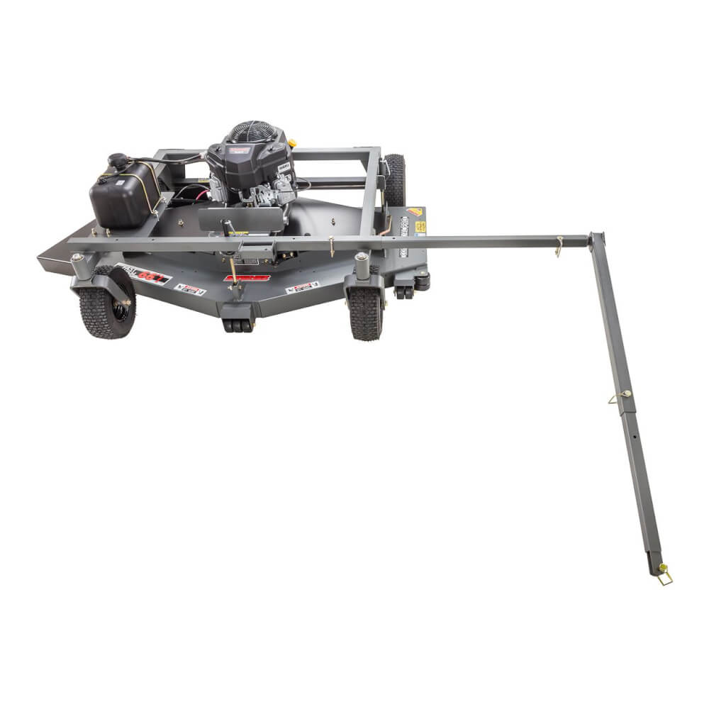 Swisher 66 Commercial Mower, 14.5HP Kawasaki, gray, top view with wheels and mower deck.