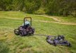 Swisher 66 Commercial Mower 14.5HP Kawasaki, black, rear view with trailer attachment and wheels.