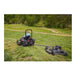 Swisher 66 Commercial Mower 14.5HP Kawasaki, black, rear view with trailer attachment and wheels.