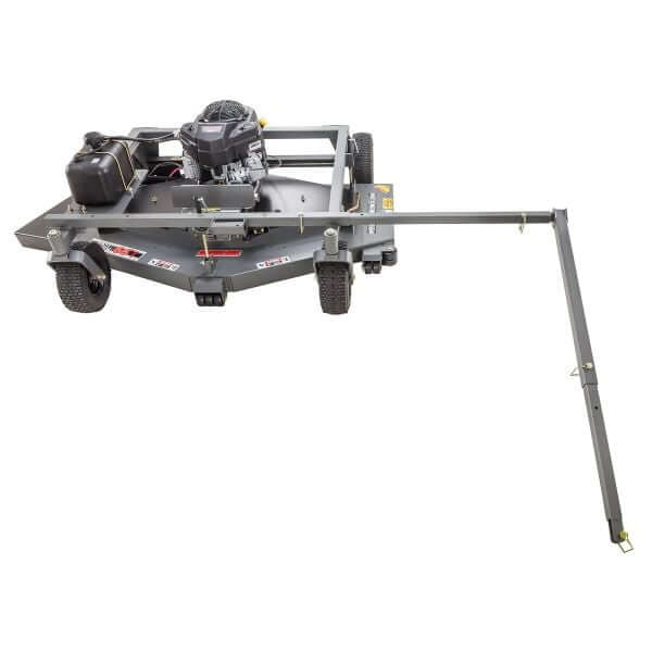 Swisher 66 Commercial Mower, angled view, gray with Kawasaki engine and large rear wheels.