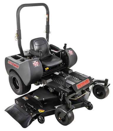 Swisher 66 Zero Turn Mower, 24 HP Briggs & Stratton, black with comfortable seat and dual wheels.