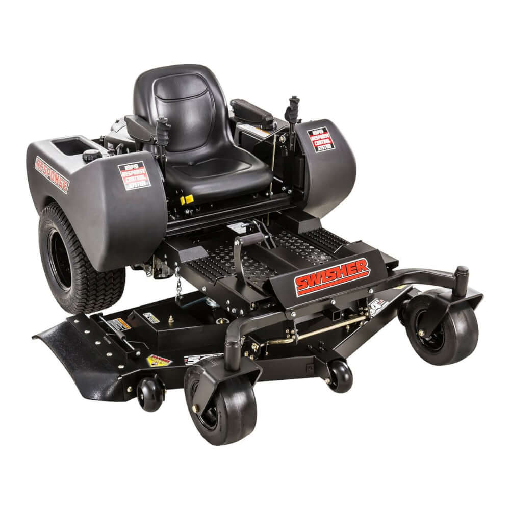 Swisher 66 Zero Turn Mower, black with comfortable seating, control levers, and robust wheels.