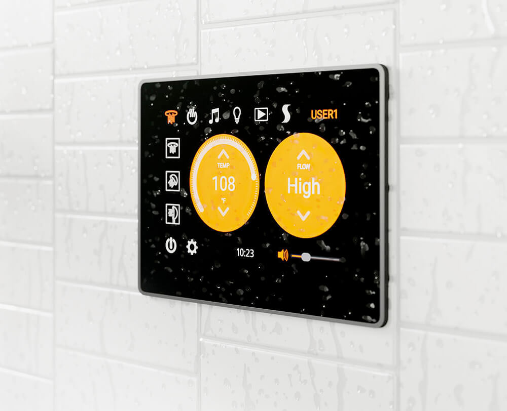 Swisher 66 Zero Turn Mower dashboard, black touchscreen display with orange temperature and flow controls.
