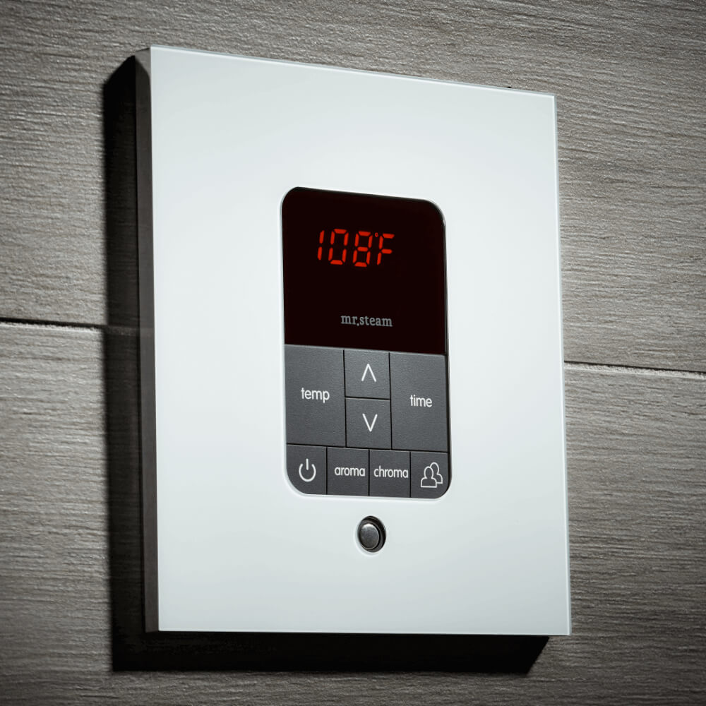 Mr. Steam temperature control panel with digital display, buttons for temp and time settings.