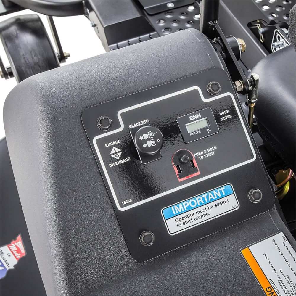 Swisher 66 Zero Turn Mower dashboard, featuring control panel with switches and hour meter.