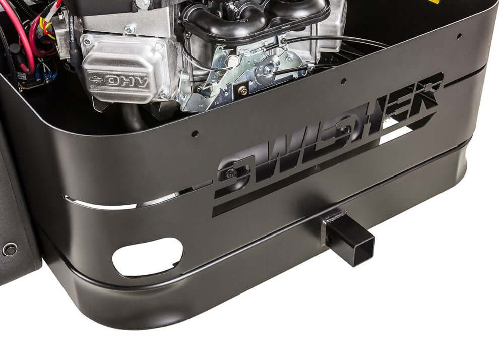 Swisher 66 Zero Turn Mower engine compartment, sleek black design with visible components and logo.