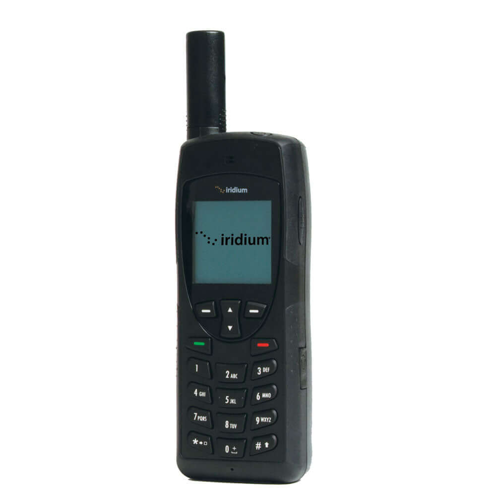 Iridium satellite phone front view, black with an antenna and numeric keypad.