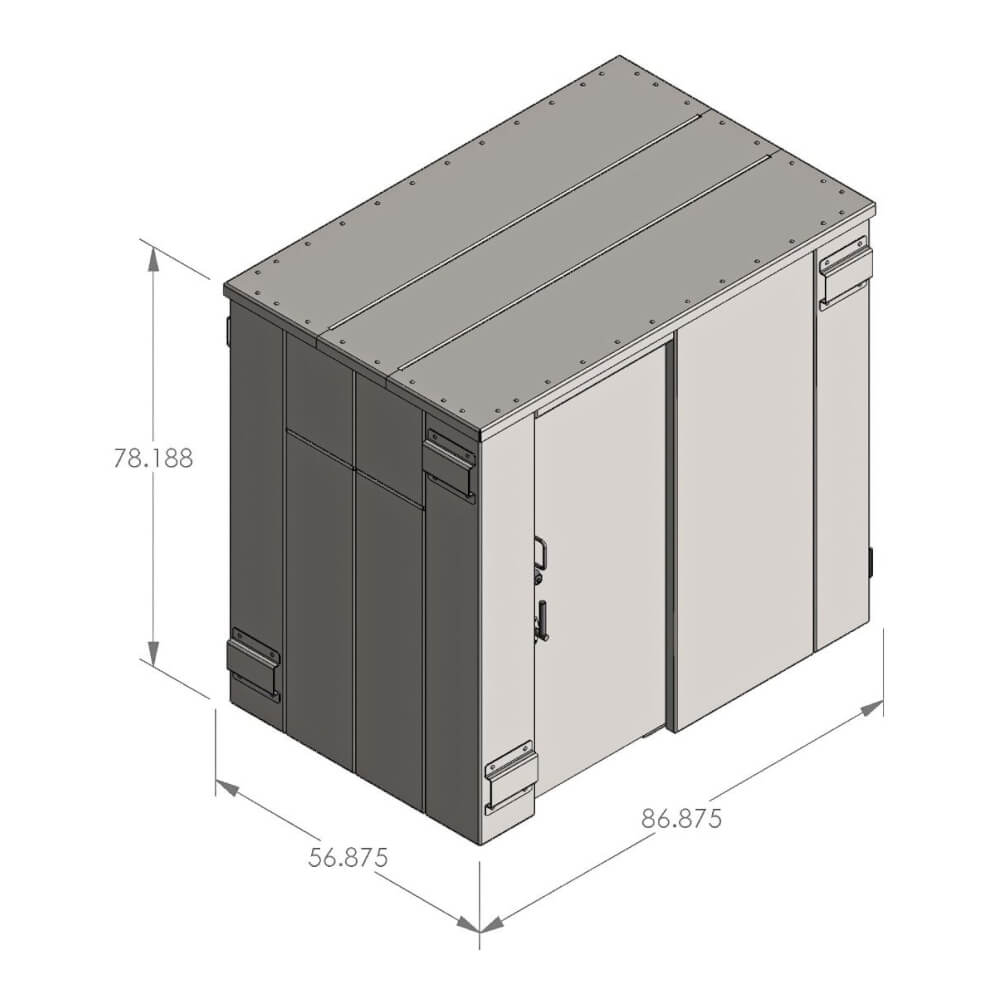 Swisher 9 Person ESP Safety Shelter, gray and beige, front view with dimensions labeled.