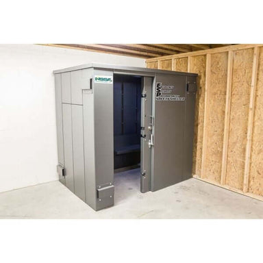 Swisher 9 Person ESP Safety Shelter, gray with double doors and spacious interior.