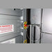 Swisher 9 Person ESP Safety Shelter interior view with warning labels and safety latch features.