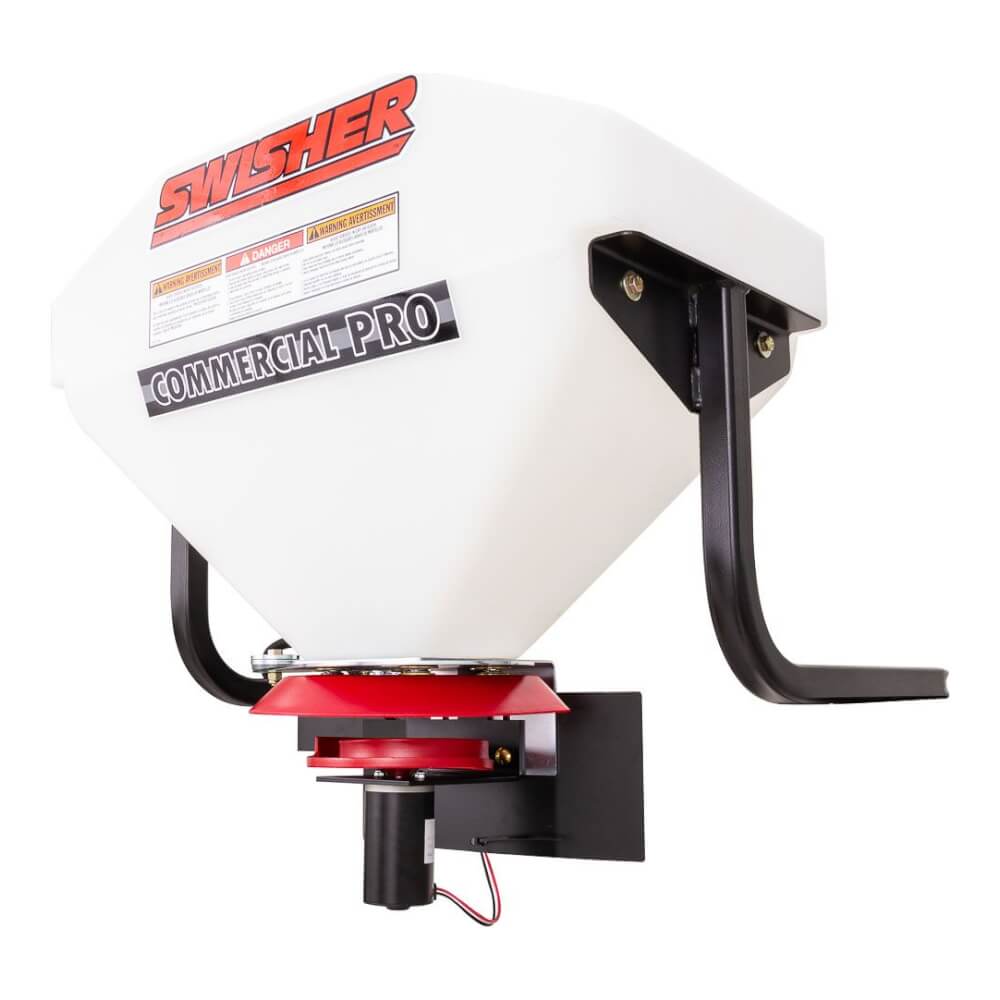 Swisher Commercial Pro ATV Spreader angled view, white hopper with red base and black mounting.