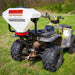 Swisher Commercial Pro ATV Spreader, white hopper on an ATV, rear view with large tires.
