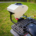 Swisher Commercial Pro ATV Spreader, white tank, front view with mounting brackets and handle.