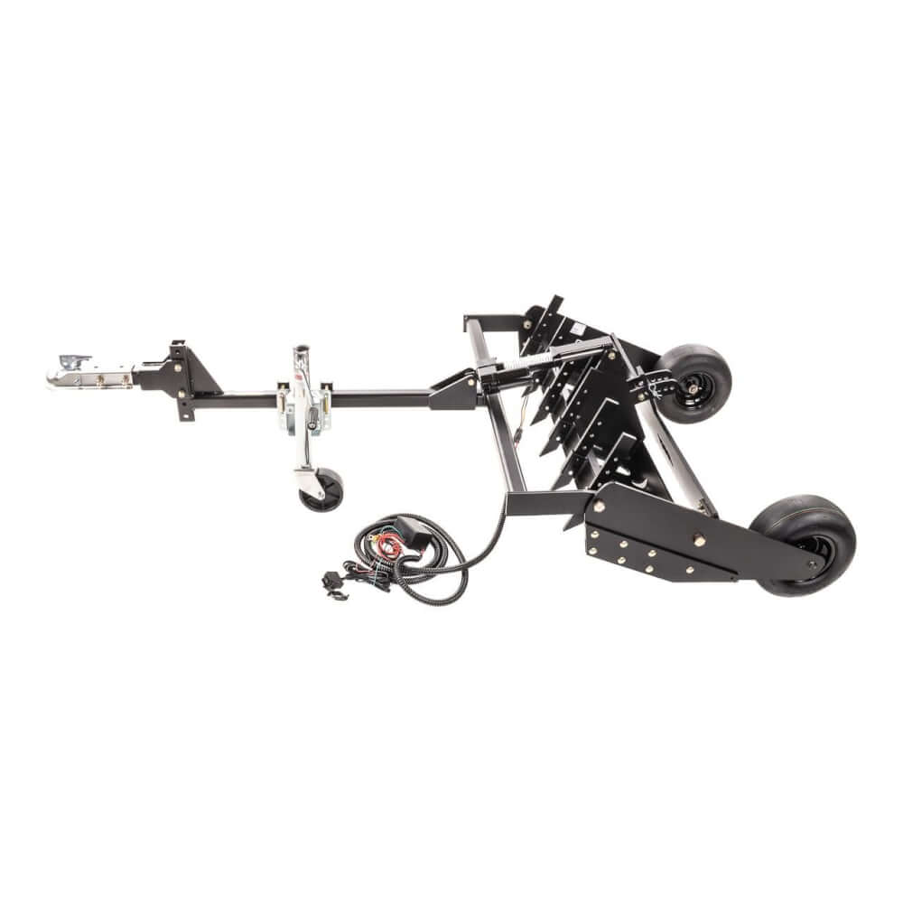 Swisher Commercial Pro RoadBuster Driveway Grader, black with adjustable blades and large wheels.