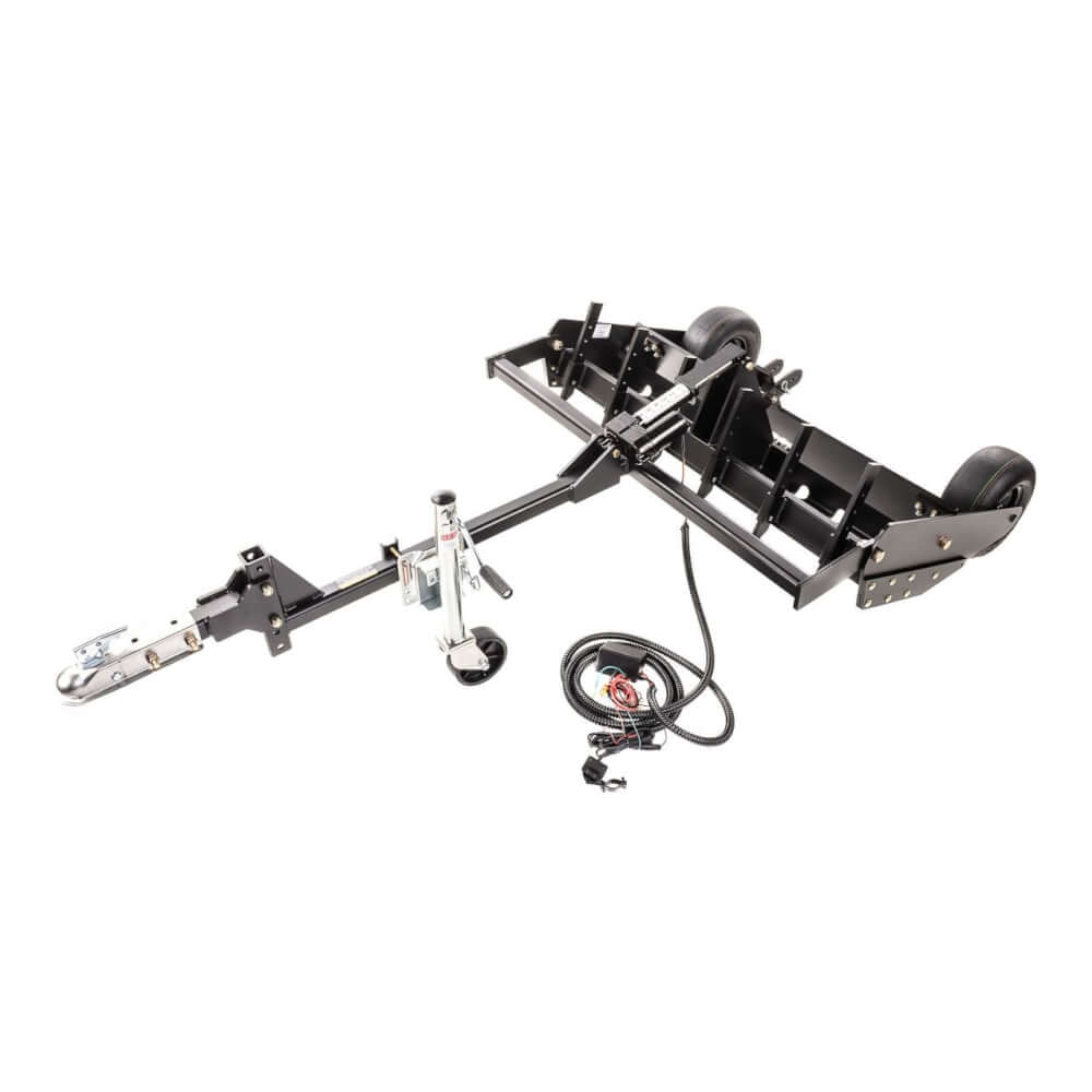 Swisher Commercial Pro RoadBuster Driveway Grader, black, angled view with attached wheels and hitch.
