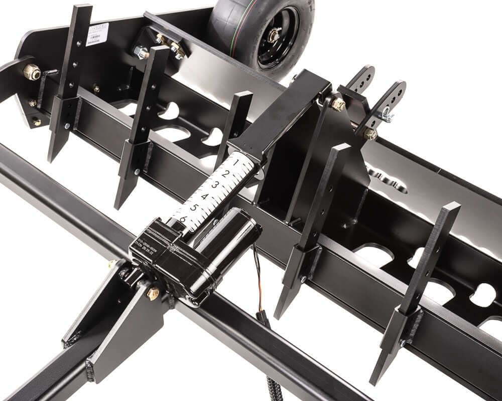 Swisher Commercial Pro RoadBuster Driveway Grader, black, angled view with adjustable leveling bars and wheels.