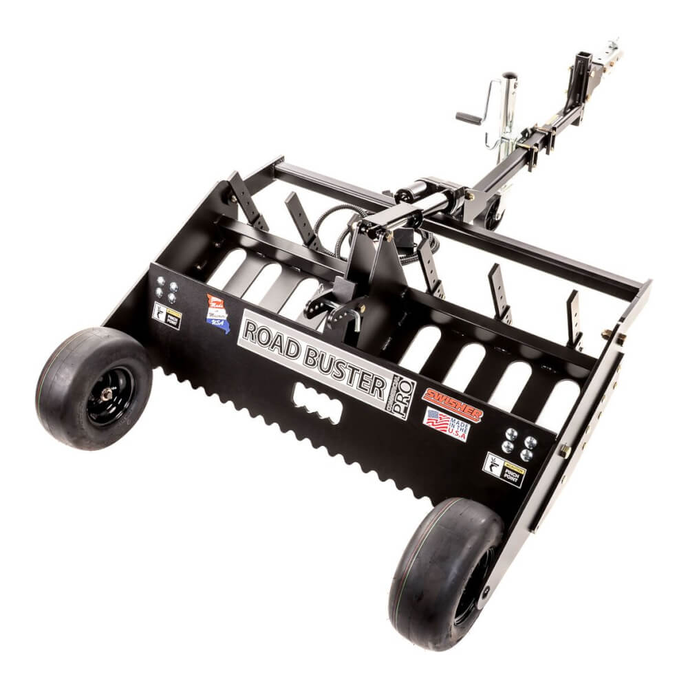 Swisher Commercial Pro RoadBuster Driveway Grader, black, angled view with wheels and adjustable frame.