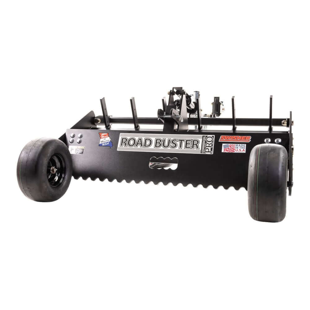 Swisher Commercial Pro RoadBuster Driveway Grader, black, front view with large wheels and adjustment controls.