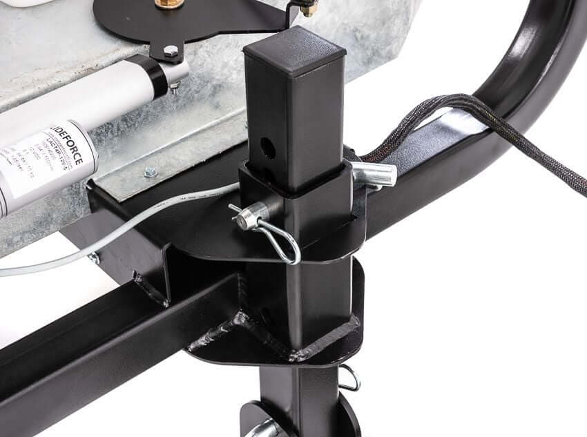 Swisher Commercial Pro UTV / Truck Spreader 22340 angled close-up, featuring metal components and attachment points.