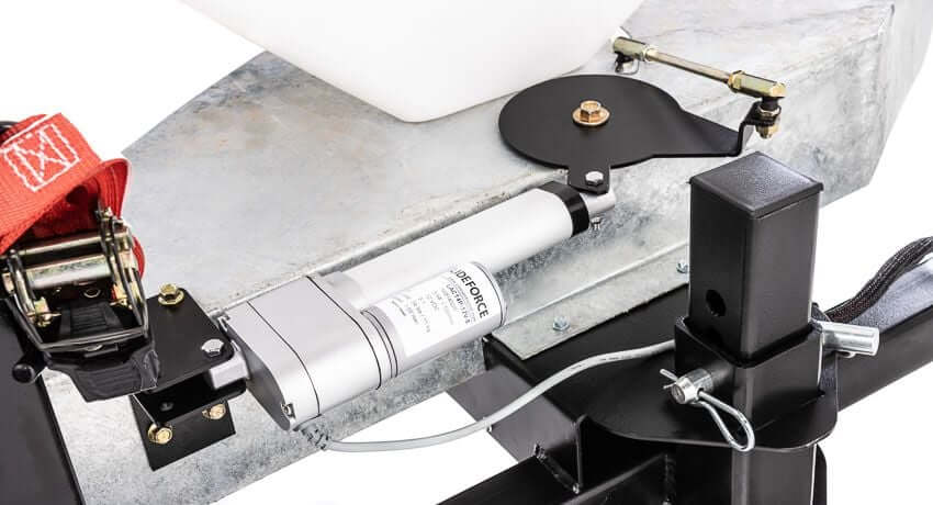 Swisher Commercial Pro UTV/Truck Spreader 22340, detailed view of hydraulic mechanism and strap.