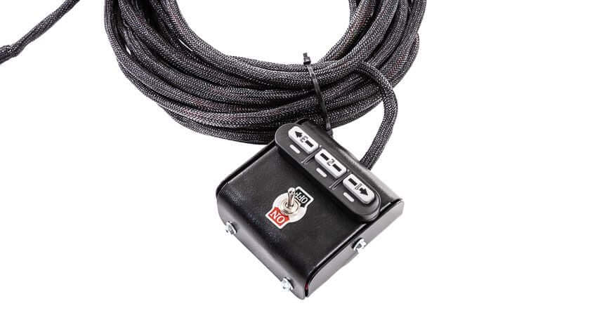 Swisher Commercial Pro UTV/Truck Spreader control box with three switches and coiled cable.