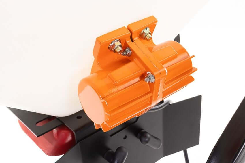 Swisher Commercial Pro UTV/Truck Spreader with orange vibrator motor and black mounting bracket.