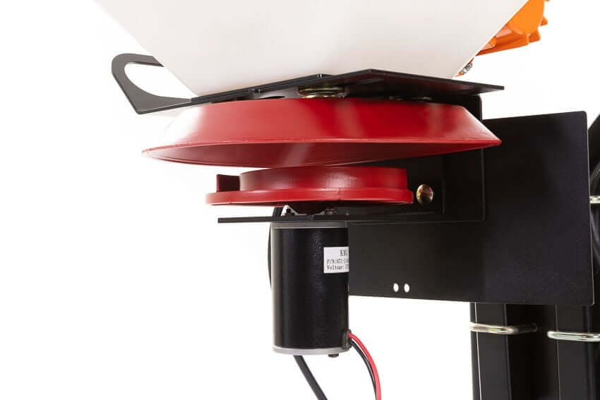 Swisher Commercial Pro UTV / Truck Spreader with vibrant red components and detailed mechanisms.