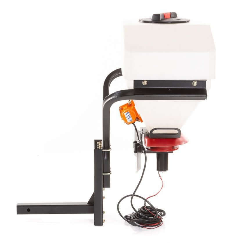 Swisher Commercial Pro UTV/Truck Spreader, white and black with red accents, angled view.