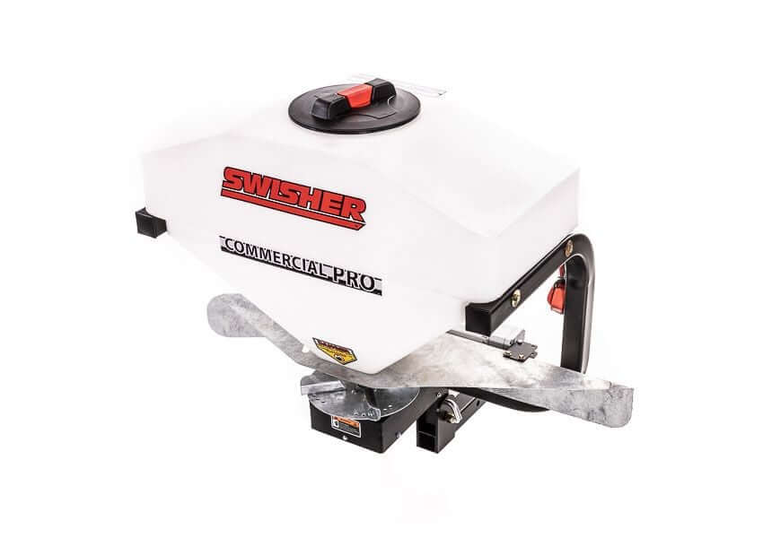 Swisher Commercial Pro UTV / Truck Spreader, white with control handle and metal spreader plate.