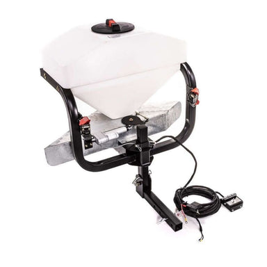 Swisher Commercial Pro UTV/Truck Spreader 22340, white hopper with black frame and attached control cables.