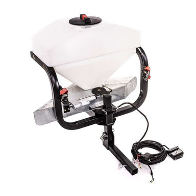 Swisher Commercial Pro UTV/Truck Spreader 22340, white hopper with black frame and attached control cables.