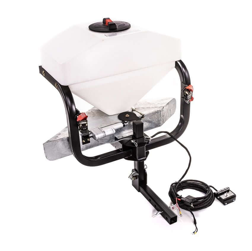 Swisher Commercial Pro UTV/Truck Spreader 22340, white hopper with black frame and attached control cables.