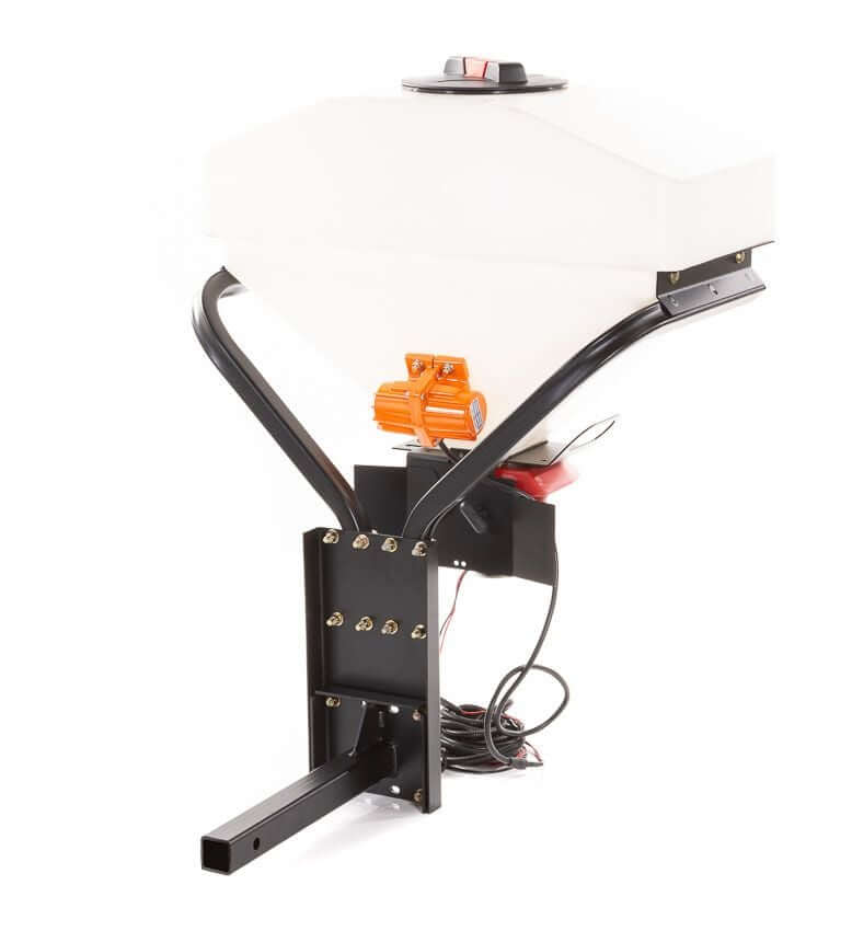 Swisher Commercial Pro UTV/Truck Spreader, white hopper with orange vibrator motor and black frame.