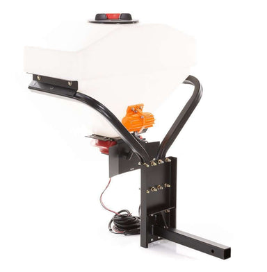 Swisher Commercial Pro UTV/Truck Spreader, white hopper with orange motor and black frame.