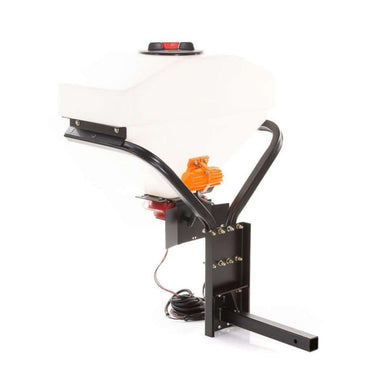 Swisher Commercial Pro UTV/Truck Spreader, white hopper with orange motor and black frame.