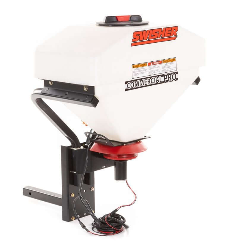 Swisher Commercial Pro UTV/Truck Spreader, white with red base, angled view, featuring a vibratory system.