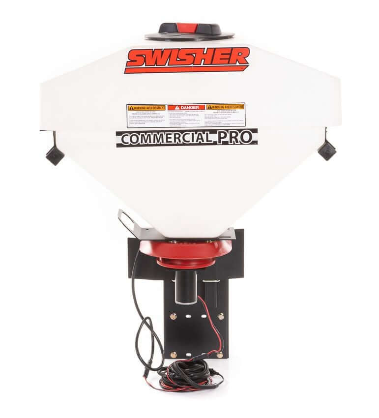 Swisher Commercial Pro UTV/Truck Spreader, white with red components and mounting bracket.