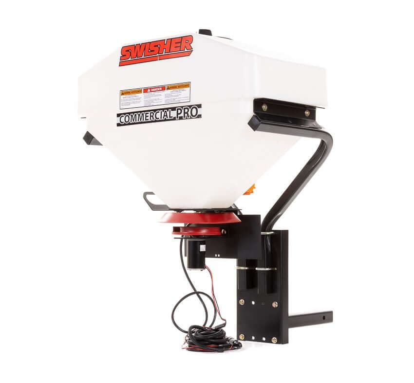 Swisher Commercial Pro UTV/Truck Spreader, white with a red base, side view, featuring a vibrator.