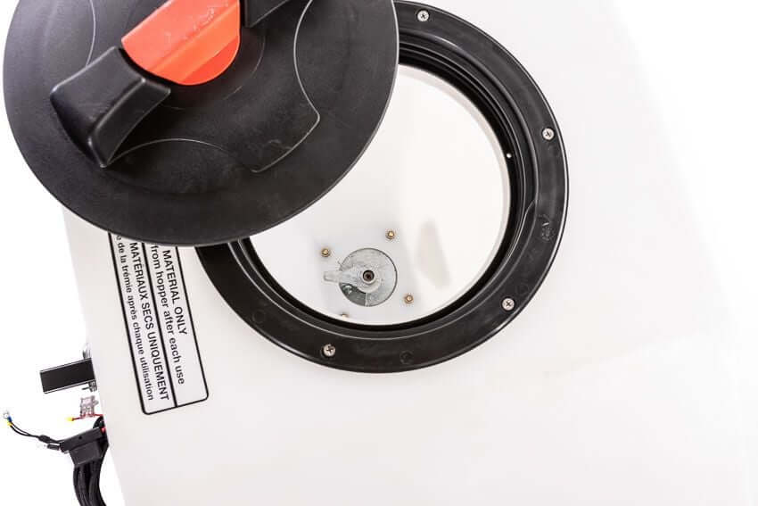 Swisher Commercial Pro UTV/Truck Spreader 22340 top view, featuring a black lid and white body.