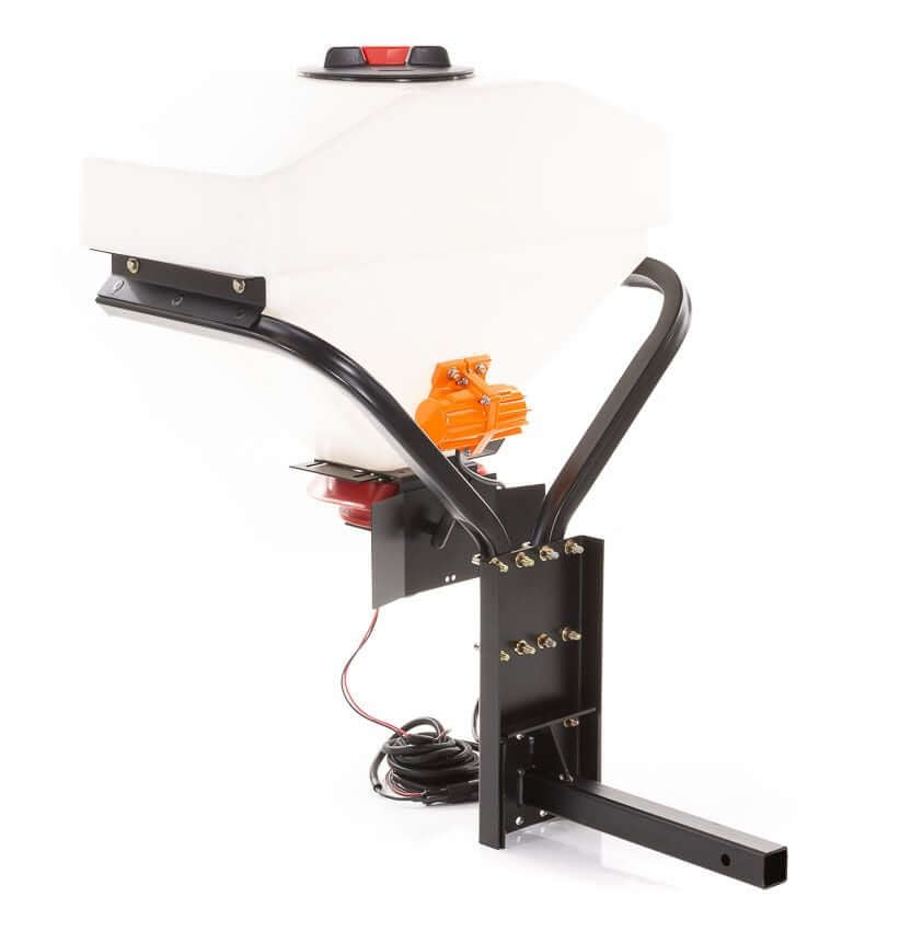 Swisher Commercial Pro UTV Truck Spreader, angled view, white hopper with orange motor and black frame.