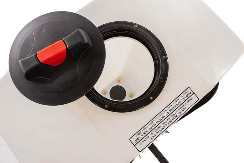 Swisher Commercial Pro UTV/Truck Spreader top view, white with a black lid and red handle.
