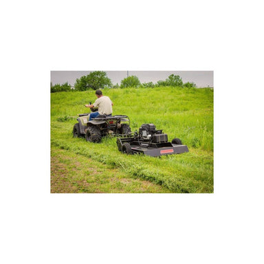 Swisher Country Cut 44" Rough Cut Mower, angled view, black with powerful Kawasaki engine and wheels.