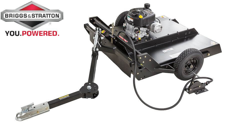 Swisher Country Cut 44" Trail Cutter with 11.5 HP Briggs & Stratton engine, angled view with wheels.