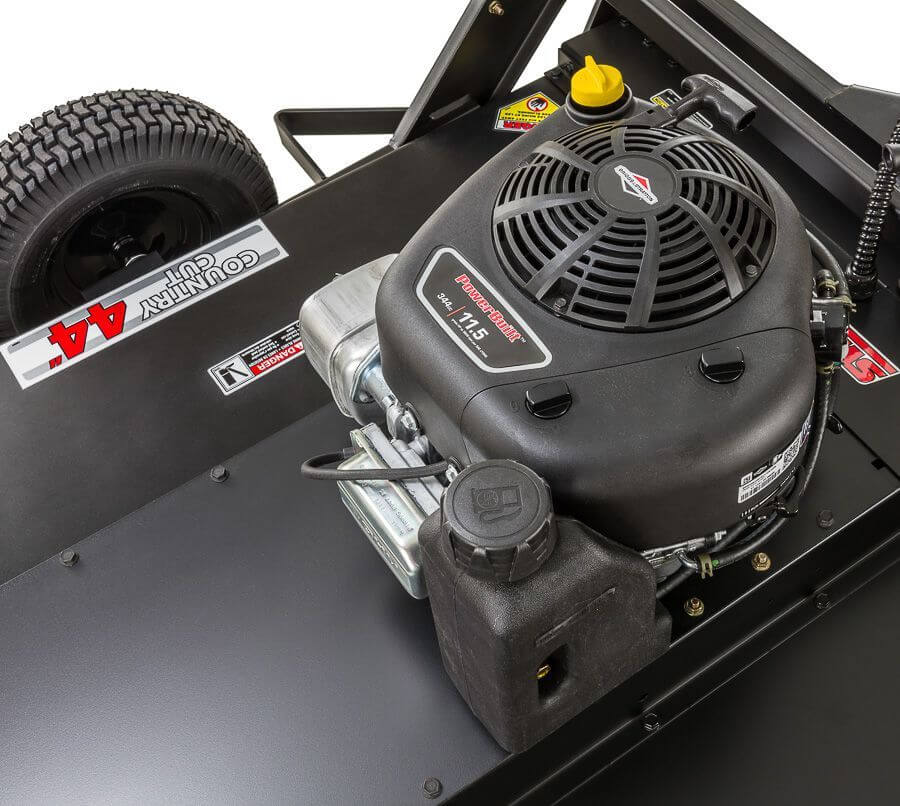 Swisher Country Cut 44" Trail Cutter with 11.5 HP Briggs & Stratton engine, top view showcasing engine details.